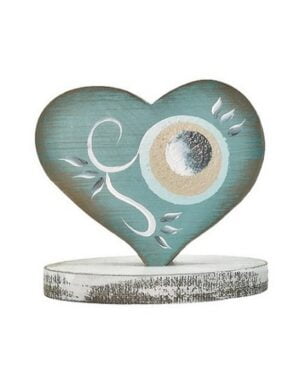 Επιτραπέζιο ξύλινο διακοσμητικό-γούρι Καρδιά-Μάτι Τυρκουάζ χρώμα