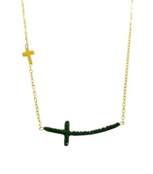 Κολιέ Ατσάλι χρυσό με ζιργκόν Πράσινο χρώμα σχέδιο Σταυρός