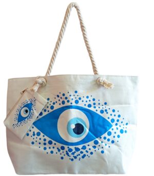 Τσάντα Θαλάσσης Υφασμάτινη (Καραβόπανο) Λευκό χρώμα Μπλέ Μάτι