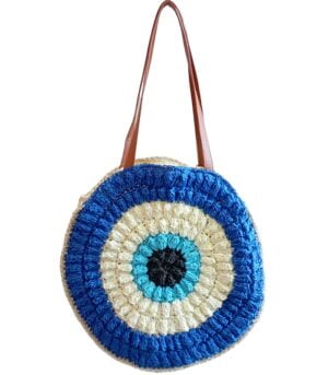 Τσάντα Ψάθινη Μπλέ χρώμα Δερμάτινα λουράκια σχέδιο Μάτι