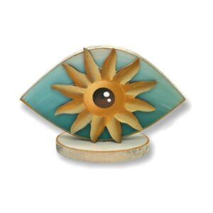 Επιτραπέζιο Γούρι ξύλινο Μάτι σχέδιο Ήλιος σε Μπλέ-Κίτρινο χρώμα