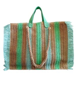 Τσάντα Ψάθινη Μπεζ χρώμα με Πράσινες Γαλάζιες λωρίδες