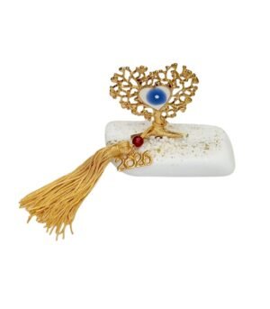 Γούρι 2026 Δέντρο Ζωής με Μπλέ Μάτι Χρυσή φούντα Λευκό βότσαλο