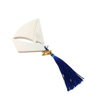 Γούρι 2026 Καράβι Λευκό Κεραμικό Μπλέ φούντα